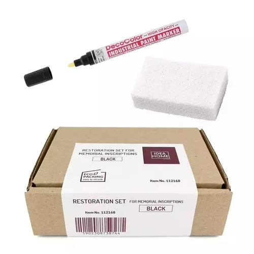 LEVIATAN Set zur Restaurierung von Inschriften auf Grabsteinen - Schwarz - Werkstatteinrichtung zur Auffrischung verblasster Grabsteininschriften. Das Set enthält Ölmarker und eine Schritt-für-Schritt-Anleitung für eine einfache Anwendung.