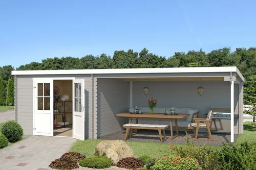 Gartenhaus ST.LOUIS 292x701 cm - Lichtgrau - Gartenhaus aus hochwertigem Holz mit 28 mm Wandstärke, ideal für Gartenlagerung und Freizeit, ohne Boden, großzügige Abdeckung von 10,1 - 24 m².