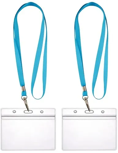 WEBBOMB 2x Ausweishüllen ZIP Kartenhalter flexibel horizontal wasserdicht für 1-2 Ausweise und Karten ID-Card Schutzhülle 0,80mm transparent + 2x Umhängeband Lanyard (Türkis)