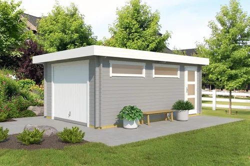 Garage Pultdach 44 mm Canberra mit Schwingtor grau 422x600 cm - Gartenhäuser, Geräteschuppen & Carports – Robuste Blockbohlenkonstruktion mit abschließbarem Schwingtor und 2 Einzelfenstern für optimale Belüftung.