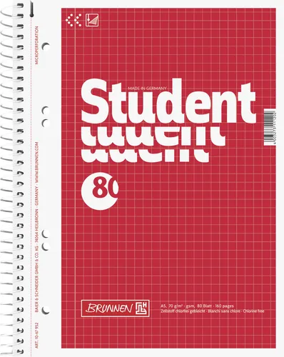 BRUNNEN Collegeblock A5 kariert 70g/m² 80 Blatt Student-Block 10-67952 NEU