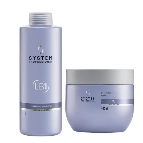 System Professional LuxeBlond Set – Shampoo 1000ml & Maske 400ml für Blondpflege - Ideales Set zur Pflege von blondiertem Haar. Das Shampoo reinigt sanft, während die Maske intensive Feuchtigkeit spendet. Perfekt für strahlende, gepflegte Haare.