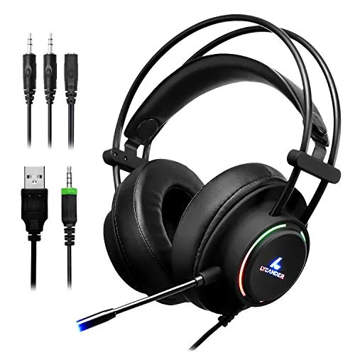 LYCANDER Gaming-Headset mit Mikrofon und LED-Licht, 3,5 mm Eingang, für PC, PS4, Xbox One, Nintendo Switch und mehr (Comfort - Schwarz und Regenbogen)