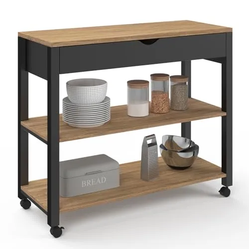 IDMarket Küchenwagen PENH XXL mit Schublade und Buche-Optik in schwarz von IDMarket