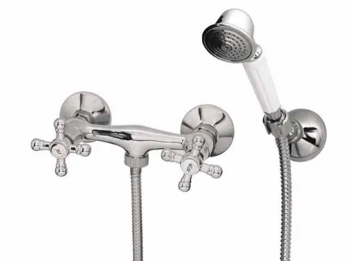 Nostalgie Brausebatterie Retro Duscharmatur mit Kreuzgriff - Duscharmatur im Retro-Stil aus hochwertigem Messing, Chrom-Finish für elegantes Design. Inklusive Brausekopf und Halterung, ideal für stilvolle Badezimmer.