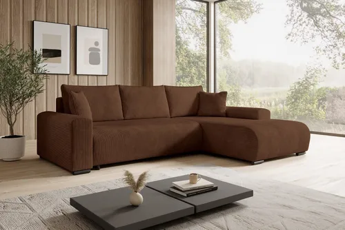 Ecksofa Nelly, Braun, 3-Sitzer mit Schlaffunktion - Modernes Ecksofa mit großzügiger Schlaffunktion, Liegefläche 138x218 cm, ideal für Gästeübernachtungen. Inklusive Bettkasten und bequemen Kissen für optimalen Komfort im Wohnzimmer.