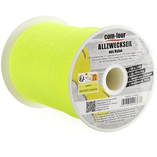 COM-FOUR® Paracord Schnur Ø 3mm, 100m - Seil mit 3 Kern Strängen für Boot, Camping, Outdoor - Nylonseil mit 192kg Tragkraft - Zeltseil, Abspannseil, Allzweckseil