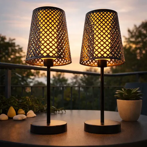 LED Solar Tischleuchte für Garten und Balkon, 2er Set - Lampen: Stilvolle Solartischlampe aus Metall mit warmweißem 3000K Licht und Dekorstanzungen, ideal für stimmungsvolle Abende im Freien.