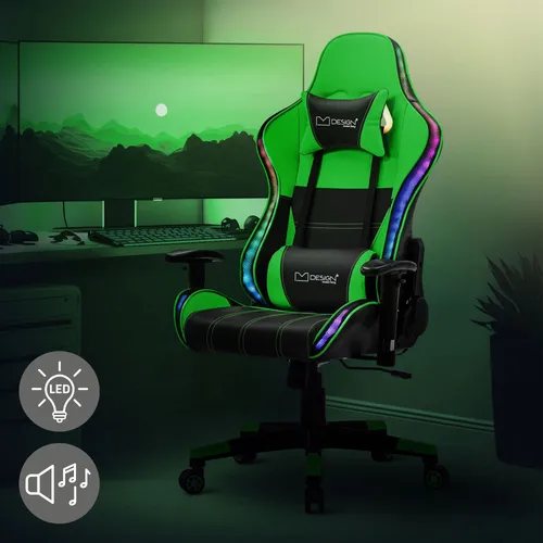 ML-Design Gaming Stuhl mit RGB LED-Beleuchtung und Bluetooth-Lautsprechern - Ergonomischer Bürostuhl mit verstellbarer Rückenlehne und Nackenstütze, ideal für lange Gaming-Sessions – erlebe Komfort und Technologie in perfekter Harmonie!