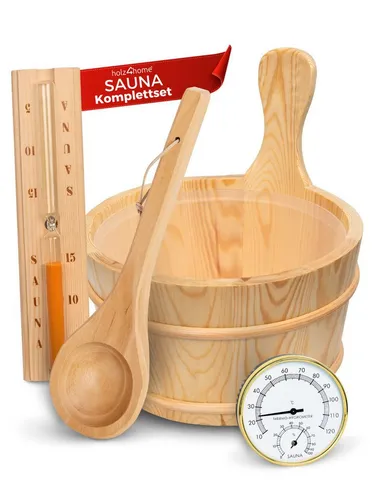 holz4home® Sauna-Aufgussset - 4-teiliges Saunazubehör Set aus Holz - Erlebe das ultimative Saunaerlebnis mit dem 4-teiligen Set, inklusive Eimer, Kelle, Sanduhr und Thermometer. Hochwertige Materialien garantieren Langlebigkeit und stilvolles Design für deine Wellness-Oase.