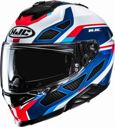 HJC i71 Zest Integralhelm in Weiß-Blau-Rot, Größe L - Hochwertiger Integralhelm für alle Jahreszeiten, mit kratzfestem Visier und optimaler Belüftung. Ideal für Motorradfahrer, ATV und Kart-Racing, inklusive Pinlock und Aufbewahrungstasche.