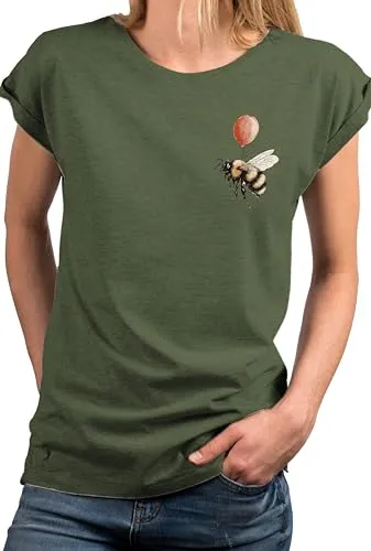 MAKAYA Damenshirt mit Print Hummel Motiv - Kleiner Druck auf der Brust Tiermotiv - Lustige & Witzige T-Shirts für Frauen Freche Coole Sommer Oberteile Kurzarm Shirt Baumwolle Grün S