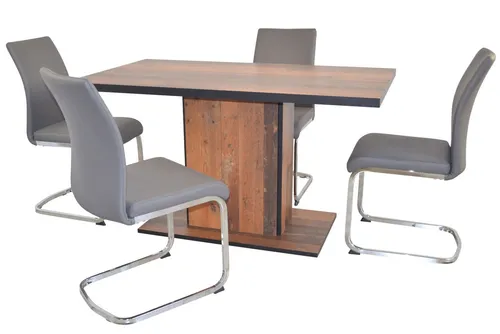 Essgruppe Tischgruppe 5-teilig, Säulen-Esstisch Oldwood schwarz/Stühle grau Set