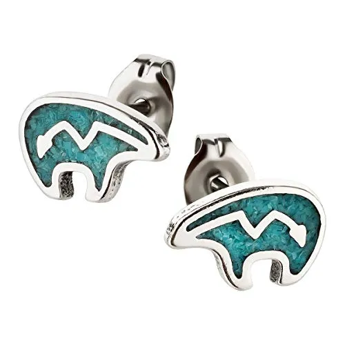 Ohrstecker Ohrringe Bär Silber 925 Sterling Türkis Inlay als Ohrschmuck mit kleiner Schmuckbox - 7K - Indianer Schmuck Geschenke für Damen, Mädchen, Jungen, Kinder und Herren