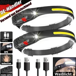 2*LED Stirnlampe, Sensorscheinwerfer USB wiederaufladbar Kopflampe, IPX4 Wasserdicht, Schwarz