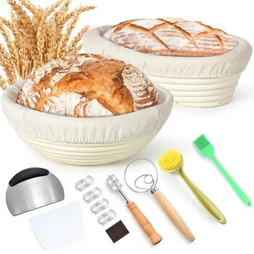 Produktbild Votoko Brot Gärkorb Set, Gärkörbchen zum Brotbacken, 23cm Rund & 25cm Oval Brotkörbchen aus Natürlichem Rattan, inkl Schneebesen, Teigschaber, Silikonpinsel, Bäckermesser, für Heim und Professionelle