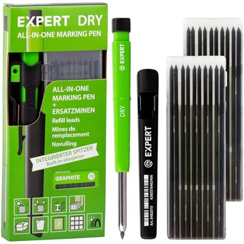 EXPERT DRY All-in-One Markierstift mit 2x Graphit-Minen-Sets | Nachfüllbarer Tieflochmarker mit Graphit-Set | Vielseitig auf Holz, Glas, Metall | Zimmermannsbleistift mit Minenautomatik