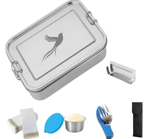 Little Lorien Lunchbox Brotdose Edelstahl 1200ml, 2 Fächer, Besteck, Trennwand & Servietten, Edelstahl, (5-tlg., 1 Brotdose, 1 Trenner, 1 Campingbesteck, 10 Papierservietten, 1 Sauce-Dose), Wiederverwendbar,auslaufsicher,Campingbesteck,Edelstahl,leicht,rubust