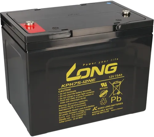 Kung Long Akku 12V 75Ah KPH75-12NE M6 AGM Blei wartungsfrei - Bleiakkus - Wartungsfreier AGM Akku mit 12 Jahren Lebensdauer, ideal für Elektromobile, Scooter und vielseitige Anwendungen wie Notstromversorgung.