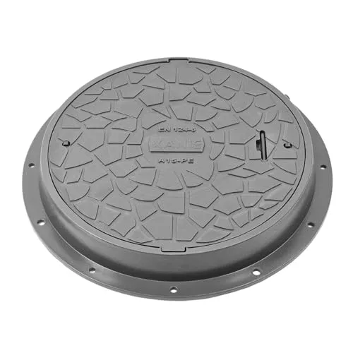 Schachtdeckel aus Kunststoff DN600 mit Rahmen Ø 800 mm - Verriegelung - A15 bis 1,5T - Baudrainagen: Leichter, korrosionsbeständiger Schachtdeckel mit Verriegelung, ideal für Fuß- und Radwege, belastbar bis 1,5T und UV-beständig.