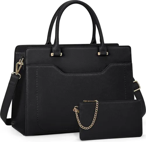 RAINSMORE Große Laptop Handtasche Damen 15.6 Zoll PU Leder Schwarz