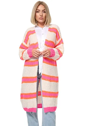 PM SELECTED Damen Oversize Longstrickjacke Gestreift Bunte Kuschelige Frühling Strickjacke Lang - Long Strickmantel Cardigan Pullover Einheitsgröße PM02 (Beige)