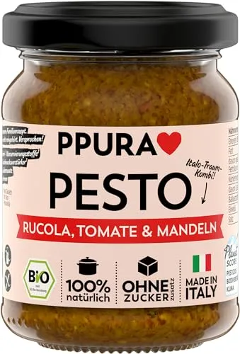 PPURA Pesto Rucola, Mandel & Tomate 120g – Veganes Bio Pesto mit Rucola & Mandeln, 100% natürlichen Zutaten, ohne Zucker & Zusatzstoffe, traditionell hergestellt – Made in Italy