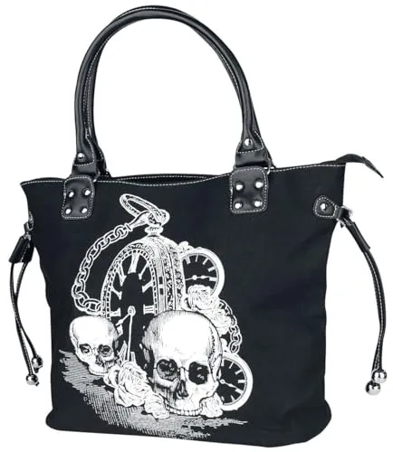 Banned Apparel Handtasche Damen Back In Black - Stylische Gothic Tasche in Schwarz - Handtasche für Damen mit coolem Skull- und Rosen-Design, großes Hauptfach mit Reißverschluss und praktischen Innenfächern. Ideal für den Alltag und Rockwear-Liebhaber.