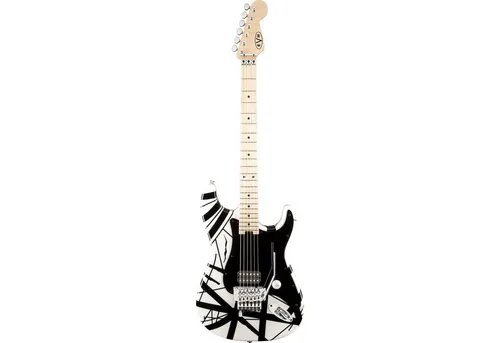 Evh Stripe White E-Gitarre - Gitarren mit Linde Korpus und Floyd Rose Tremolo, perfekt für Rock und Metal, bietet außergewöhnliche Spielbarkeit und Klangvielfalt.
