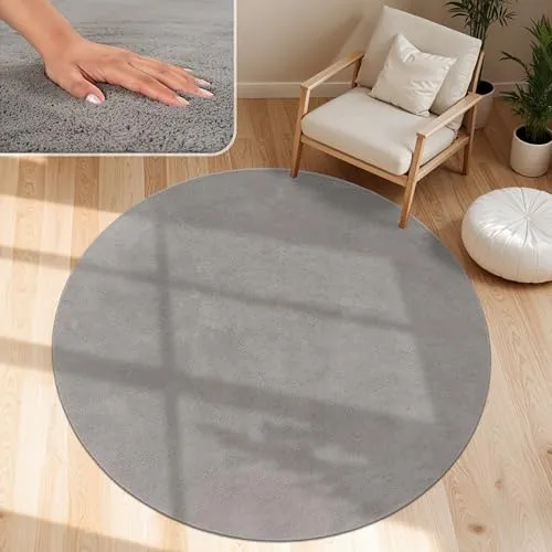 Paco Home Moderner Kuscheliger Wohnzimmer Teppich Kurzflor waschbar flauschig Weich Einfarbig Felloptik zeitlos stilvoll rutschfest pflegeleicht, Grösse:80 cm Rund, Farbe:Grau