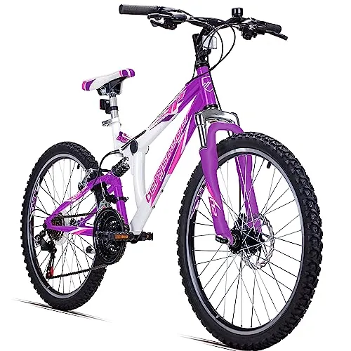 Bergsteiger Mountainbike Montreal 24 Zoll - Violettes Kinderfahrrad für 6-13 Jahre - Full Suspension Kinderfahrrad mit 18 Gängen, robustem Stahlrahmen und Scheibenbremse für sicheres Fahren auf jedem Terrain.
