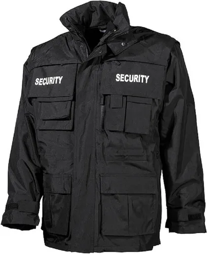 MFH Herren Security Jacke Schwarz Größe L - Funktionale Funktionsjacke für Sicherheitspersonal, wasserdicht und atmungsaktiv, mit abnehmbaren Ärmeln und vielseitigen Taschen für optimale Einsatzmöglichkeiten.