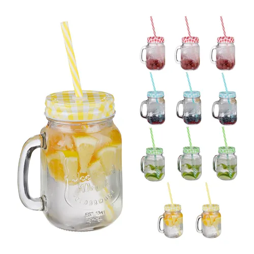 Trinkgläser mit deckel  Mason Jar Gläser Henkelbecher bunt 500 ml 12 Stück