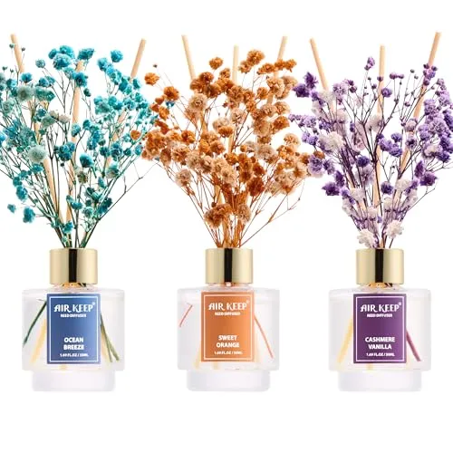 Airkeep Raumduft 50ml x3, Reed Diffuser mit Ocean Breeze, Sweet Orange, Cashmere Vanilla, Raum Duft mit 24 Duftstäbchen, Lufterfrischer für Badezimmer, Wohnung, Heimdekoration