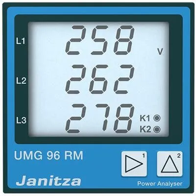 Janitza UMG 96RM-P Energieanalysator - Lastkreisüberwachung mit Multifunktionalität, misst Oberschwingungen bis zur 40. Harmonischen und bietet umfangreiche Analysefunktionen für effizientes Energiemanagement.