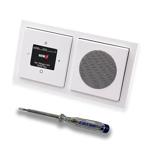 Busch Jäger DAB+ (DAB PLUS) Unterputz Radio 8215U-101 Future Linear Studioweiß, Komplett-Set mit Lautsprecher, Abdeckungen, Rahmen + EBROM Phasenprüfer zur Montage d. Geräte - 8215 U – 101
