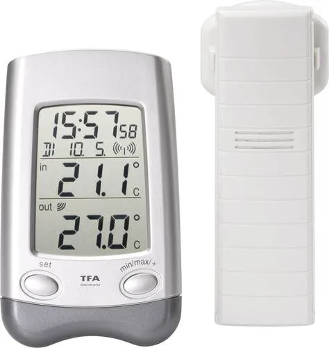 TFA Dostmann Wave Funk-Thermometer Silber - Hygrometer mit Funk-Technologie, präzise Temperaturmessung von -9,9 bis +59,9 °C und bis zu 100 m Reichweite, ideal für Zuhause.