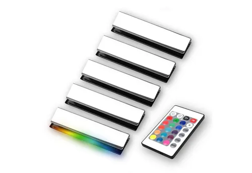 kalb LED Glaskantenbeleuchtung RGB 5er Set für Vitrinen - Elegante RGB Glaskantenbeleuchtung für eine stilvolle Aufwertung Ihrer Möbel. Einfache Montage am Glasboden (5-8 mm), inklusive Fernbedienung für bequeme Steuerung. Ideal für eine stimmungsvolle Atmosphäre in Ihrem Wohnraum.