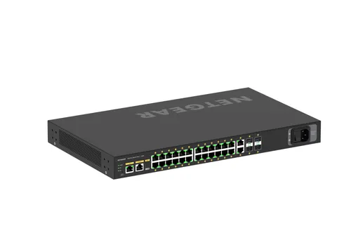 Netgear AV Line Managed Switch M4250-26G4F-PoE+ - Switch für professionelle Audio- und Videoanwendungen mit 24 PoE+ Anschlüssen und 300W Budget, ideal für AV-over-IP Netzwerke.