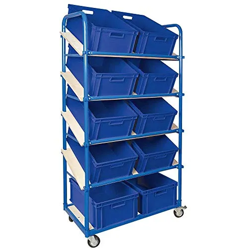 BRB Schrägboden-Regalwagen mit 10 Euroboxen - Fahrbarer Regalwagen mit 5 Ebenen, ideal zur übersichtlichen Lagerung von Kleinteilen. Ausgestattet mit 4 Lenkrollen, 2 davon mit Feststellbremse, für einfache Mobilität und Stabilität.