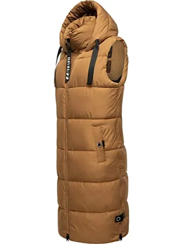 Navahoo Damen ärmellose Lange Outdoorweste Schnuffelchen Camel Gr. M - Funktionsjacken – Lange, ärmellose Weste mit verstellbarer Kapuze und warmer Wattierung, ideal für kalte Tage und sportliche Aktivitäten.