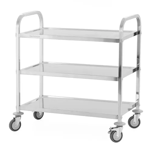 TECHNICA Servierwagen Edelstahl 3 Etagen mit Rollen & Bremse | Quadratischer Griff 850x450x900mm Rollwagen Küche Gastronomie Transportwagen leise & stabil – Küchenregal schmal mobil