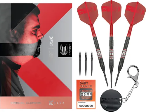 Target Darts Gabriel Clemens 95K Steeldarts 23G - Hochwertige Steeldarts mit 95% Tungsten, entwickelt in Zusammenarbeit mit dem 'German Giant'. Die Swiss Storm Points bieten maximale Präzision und Stabilität. Inklusive K-Flex Flights für konstantes Spiel und individuelles Setup.