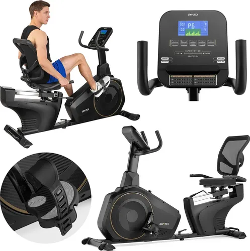Gymtek® Magnetischer Heimtrainer, Liegerad, Fahrrad für Zuhause - bis 150 kg - 16 Widerstandsstufen - 10 kg Schwungmasse - Trainingscomputer