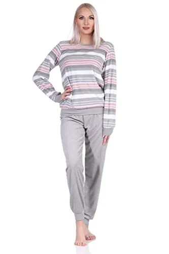 Eleganter Damen Frottee Pyjama Langarm Schlafanzug mit Bündchen in Streifenoptik - 212 840, Farbe:grau, Größe:36-38