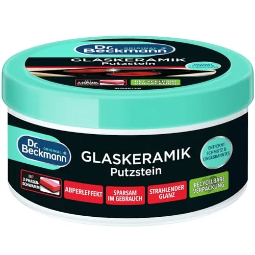 Dr. Beckmann Glaskeramik Putzstein | effektiver Kochfeld-Reiniger gegen hartnäckigen Schmutz | inkl. Spezialschwamm | 250 g (1er Pack) | Verpackung kann abweichen