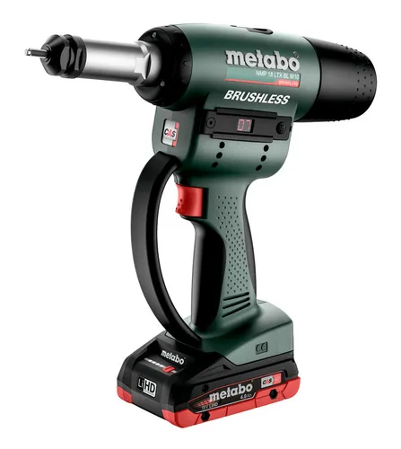 Metabo NMP 18 LTX BL M10 Akku-Nietmutternpistole - Akku-Blindnietgeräte, leistungsstark mit 2 x 4 Ah LiHD Akkus für kabellosen Einsatz und hohe Effizienz in der Metallverarbeitung.