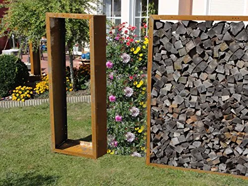 Metalltechnik Dermbach Kaminholzregal aus Cortenstahl - Aschesauger und Kaminholzregal aus hochwertigem Cortenstahl, stabil und rostfrei, ideal für Garten und Terrasse. Einfache Montage, Erdanker im Lieferumfang enthalten.