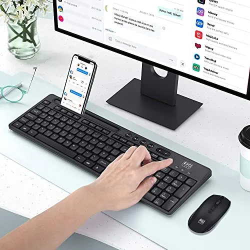 Evo Labs WM757UK Kabellose Tastatur und Maus Combo Set, mit integriertem Tablet Handy SmartphoneStänder, 2,4 GHz volle Größe, Qwerty UKLayout Tastatur mit kabelloser Maus, ideal für