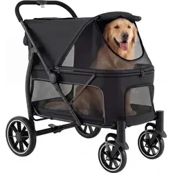 COSTWAY Hundewagen klappbar, Hundebuggy bis 40 kg, Katzenwagen mit 4 Rädern, verstellbarem Dach, Netzfenstern&3 Taschen, Haustierbuggy Schwarz - Schwarz